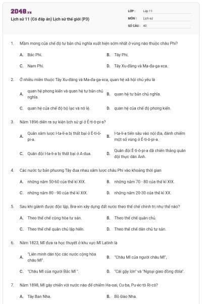 Lịch sử 11 (Có đáp án) Lịch sử thế giới (P3)