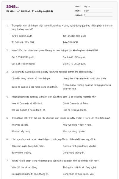 Đề kiểm tra 1 tiết Địa Lí 11 có đáp án (Đề 4)