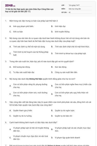 19 Đề thi thử thpt quốc gia môn Giáo Dục Công Dân cực hay có lời giải chi tiết (đề 17)