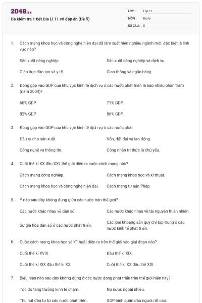 Đề kiểm tra 1 tiết Địa Lí 11 có đáp án (Đề 5)