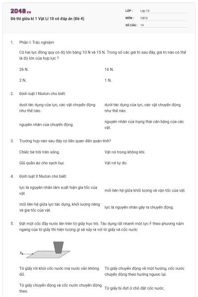 Đề thi giữa kì 1 Vật Lí 10 có đáp án (Đề 4)