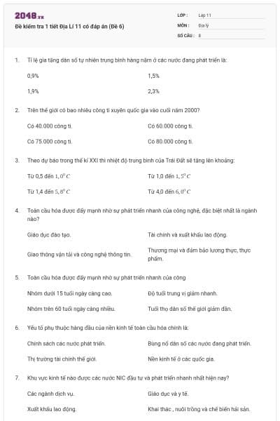 Đề kiểm tra 1 tiết Địa Lí 11 có đáp án (Đề 6)