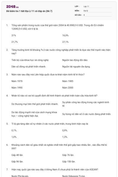 Đề kiểm tra 1 tiết Địa Lí 11 có đáp án (Đề 7)