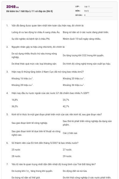 Đề kiểm tra 1 tiết Địa Lí 11 có đáp án (Đề 8)