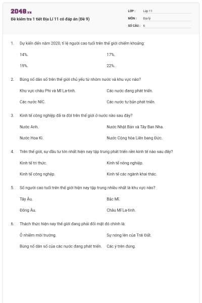 Đề kiểm tra 1 tiết Địa Lí 11 có đáp án (Đề 9)