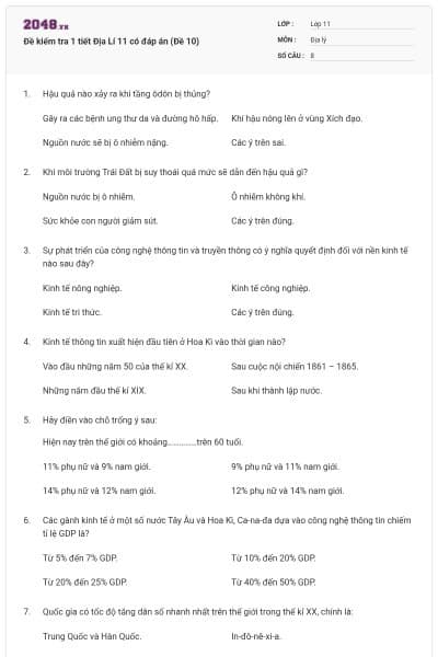 Đề kiểm tra 1 tiết Địa Lí 11 có đáp án (Đề 10)