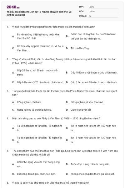 46 câu Trắc nghiệm Lịch sử 12 Những chuyển biến mới về kinh tế và xã hội