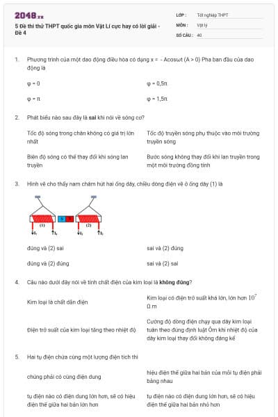 5 Đề thi thử THPT quốc gia môn Vật Lí cực hay có lời giải - Đề 4