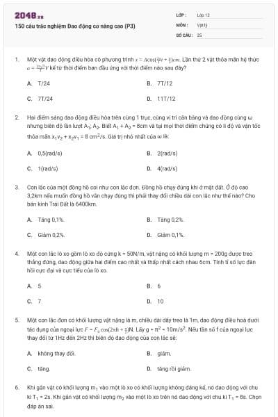 150 câu trắc nghiệm Dao động cơ nâng cao (P3)