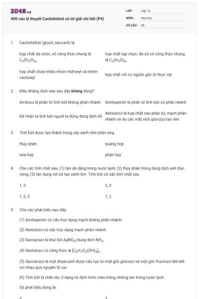 400 câu lý thuyết Cacbohidrat có lời giải chi tiết (P4)