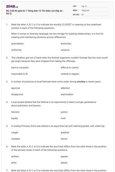 Bộ 4 Đề thi giữa kì 1 Tiếng Anh 12 Thí điểm (có đáp án - Đề 2)