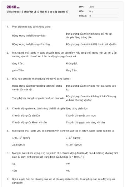 Đề kiểm tra 15 phút Vật Lí 10 Học kì 2 có đáp án (Đề 1)