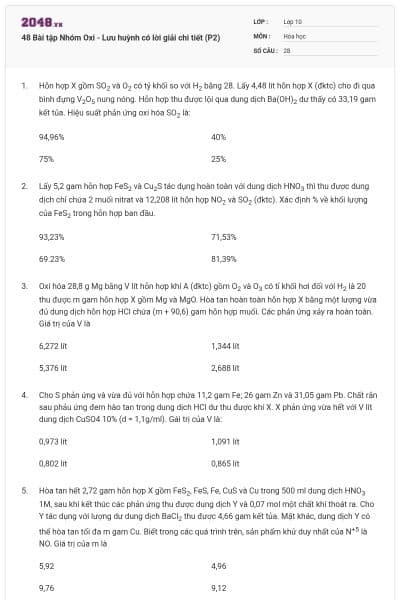 48 Bài tập Nhóm Oxi - Lưu huỳnh có lời giải chi tiết (P2)