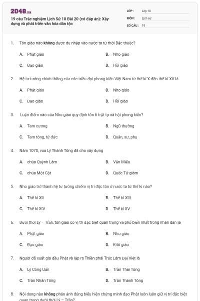 19 câu Trắc nghiệm Lịch Sử 10 Bài 20 (có đáp án): Xây dựng và phát triển văn hóa dân tộc