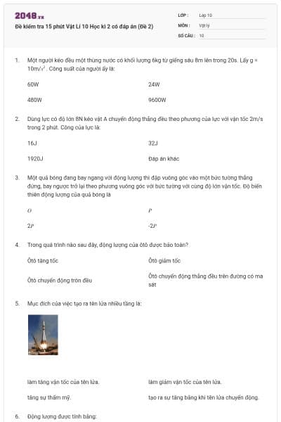 Đề kiểm tra 15 phút Vật Lí 10 Học kì 2 có đáp án (Đề 2)