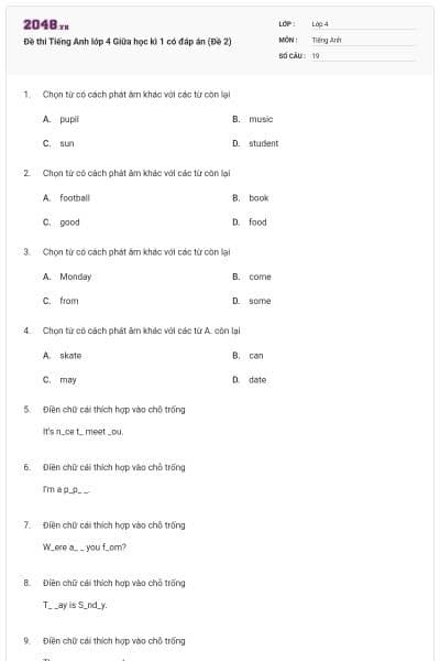 Đề thi Tiếng Anh lớp 4 Giữa học kì 1 có đáp án (Đề 2)