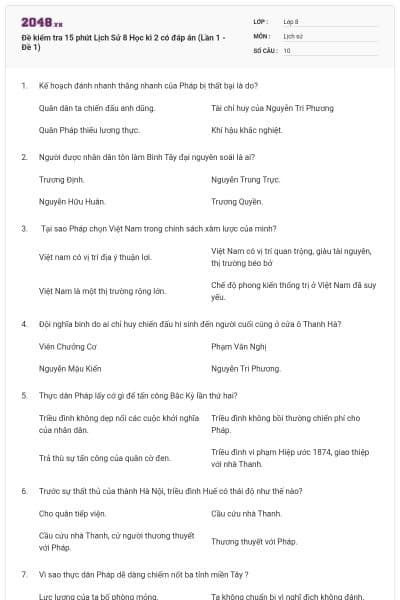 Đề kiểm tra 15 phút Lịch Sử 8 Học kì 2 có đáp án (Lần 1 - Đề 1)