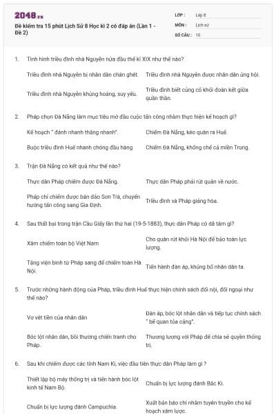 Đề kiểm tra 15 phút Lịch Sử 8 Học kì 2 có đáp án (Lần 1 - Đề 2)