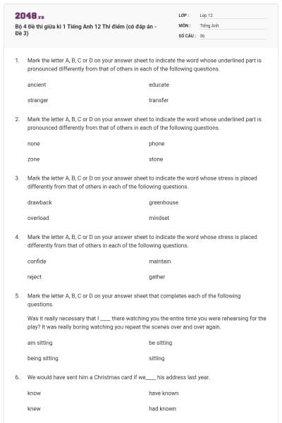 Bộ 4 Đề thi giữa kì 1 Tiếng Anh 12 Thí điểm (có đáp án - Đề 3)