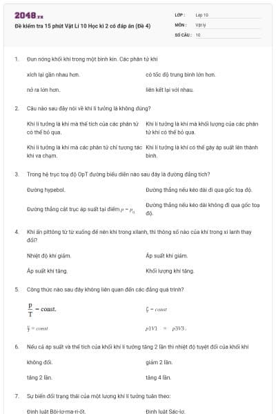 Đề kiểm tra 15 phút Vật Lí 10 Học kì 2 có đáp án (Đề 4)