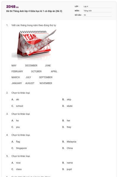 Đề thi Tiếng Anh lớp 4 Giữa học kì 1 có đáp án (Đề 3)