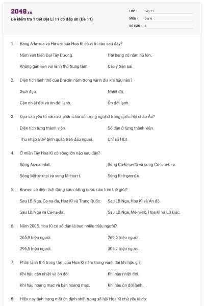Đề kiểm tra 1 tiết Địa Lí 11 có đáp án (Đề 11)