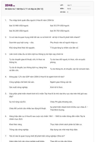 Đề kiểm tra 1 tiết Địa Lí 11 có đáp án (Đề 12)