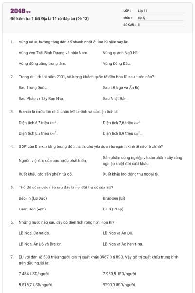 Đề kiểm tra 1 tiết Địa Lí 11 có đáp án (Đề 13)