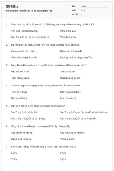 Đề kiểm tra 1 tiết Địa Lí 11 có đáp án (Đề 14)