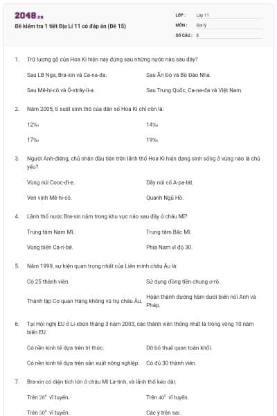 Đề kiểm tra 1 tiết Địa Lí 11 có đáp án (Đề 15)
