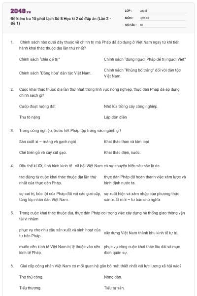 Đề kiểm tra 15 phút Lịch Sử 8 Học kì 2 có đáp án (Lần 2 - Đề 1)