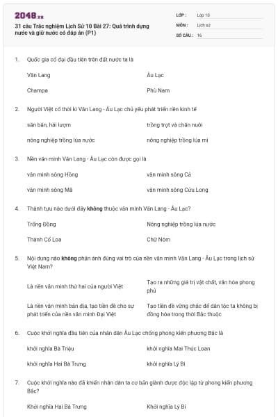 31 câu Trắc nghiệm Lịch Sử 10 Bài 27: Quá trình dựng nước và giữ nước có đáp án (P1)