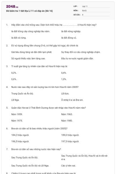Đề kiểm tra 1 tiết Địa Lí 11 có đáp án (Đề 16)