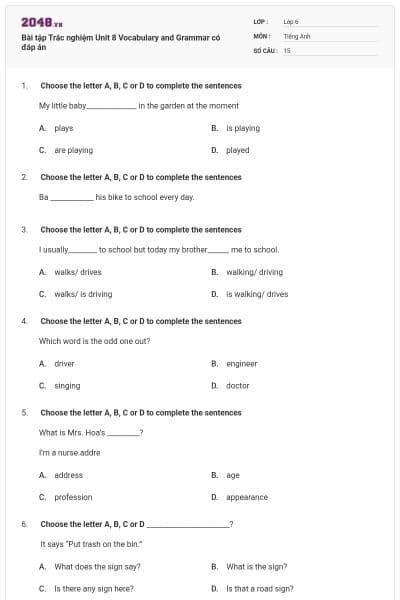 Bài tập Trắc nghiệm Unit 8 Vocabulary and Grammar có đáp án