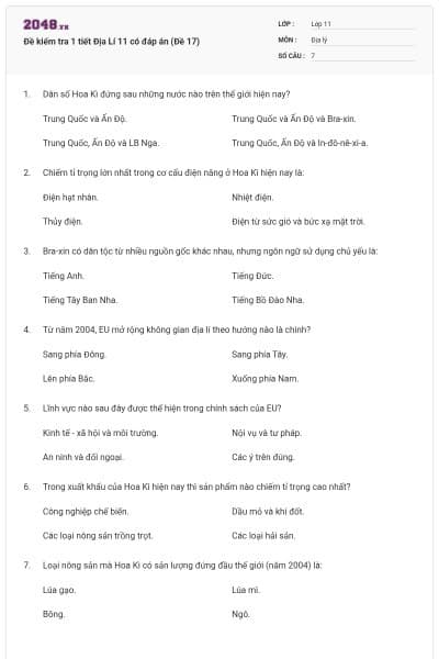 Đề kiểm tra 1 tiết Địa Lí 11 có đáp án (Đề 17)