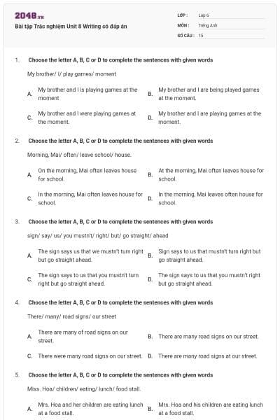 Bài tập Trắc nghiệm Unit 8 Writing có đáp án