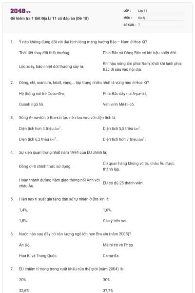 Đề kiểm tra 1 tiết Địa Lí 11 có đáp án (Đề 18)
