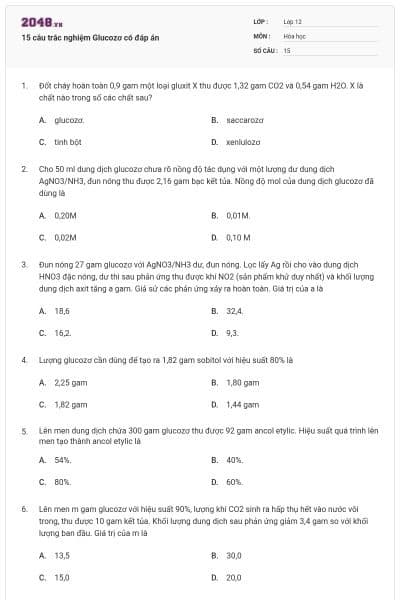15 câu trắc nghiệm Glucozơ có đáp án
