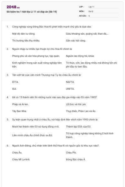 Đề kiểm tra 1 tiết Địa Lí 11 có đáp án (Đề 19)