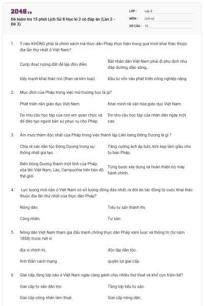 Đề kiểm tra 15 phút Lịch Sử 8 Học kì 2 có đáp án (Lần 2 - Đề 3)