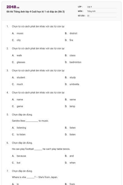 Đề thi Tiếng Anh lớp 4 Cuối học kì 1 có đáp án (Đề 3)
