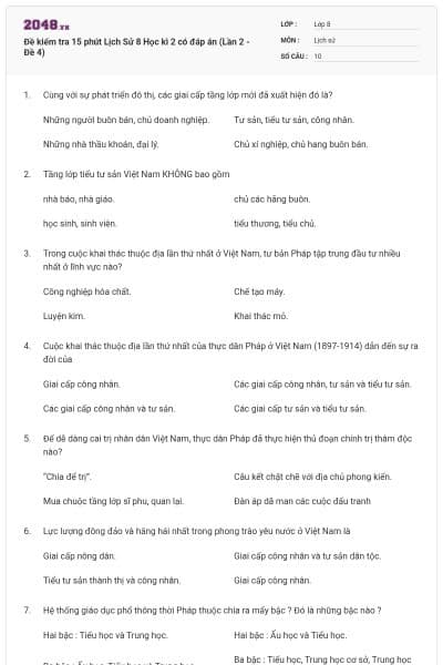 Đề kiểm tra 15 phút Lịch Sử 8 Học kì 2 có đáp án (Lần 2 - Đề 4)