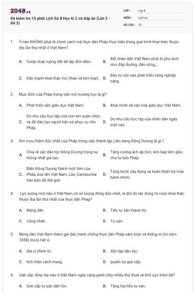 Đề kiểm tra 15 phút Lịch Sử 8 Học kì 2 có đáp án (Lần 2 - Đề 3)