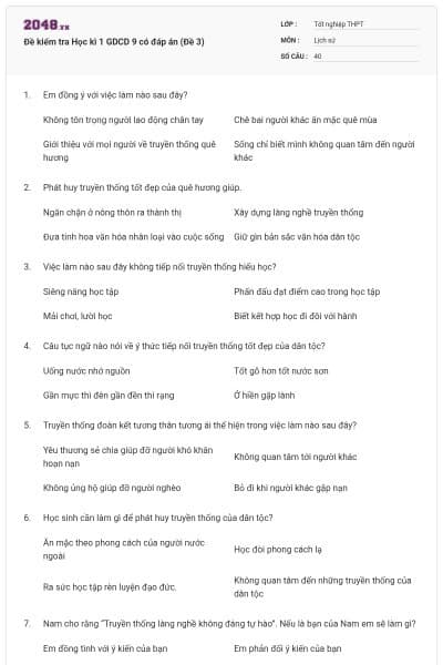 Đề kiểm tra Học kì 1 GDCD 9 có đáp án (Đề 3)
