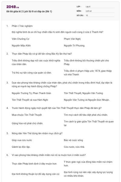 Đề thi giữa kì 2 Lịch Sử 8 có đáp án (Đề 1)