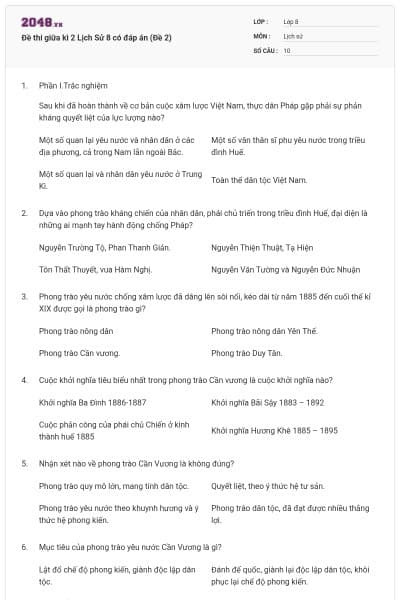 Đề thi giữa kì 2 Lịch Sử 8 có đáp án (Đề 2)