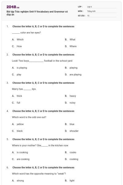 Bài tập Trắc nghiệm Unit 9 Vocabulary and Grammar có đáp án