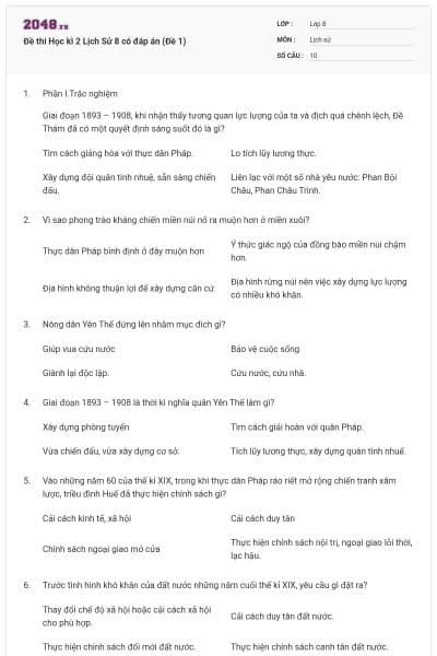 Đề thi Học kì 2 Lịch Sử 8 có đáp án (Đề 1)