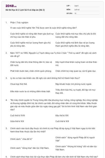 Đề thi Học kì 2 Lịch Sử 8 có đáp án (Đề 2)