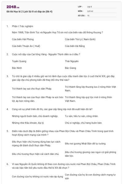 Đề thi Học kì 2 Lịch Sử 8 có đáp án (Đề 4)